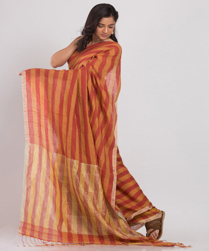Orange red handloom bengal linen saree