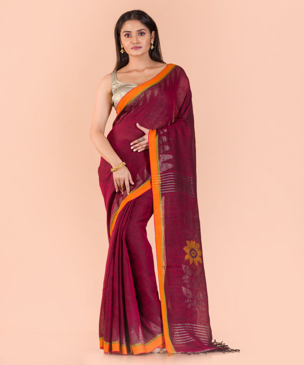Maroon handloom bengal linen saree