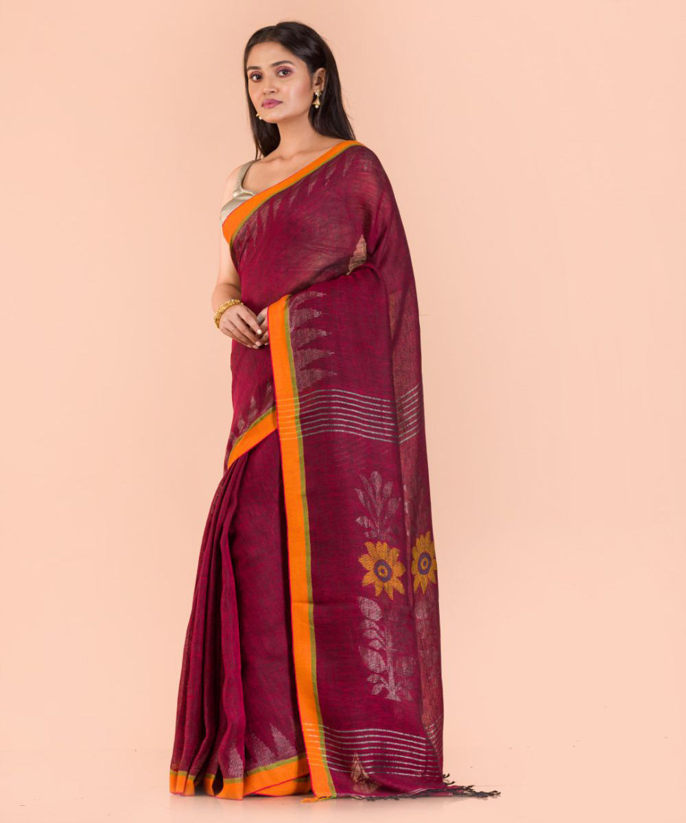 Maroon handloom bengal linen saree