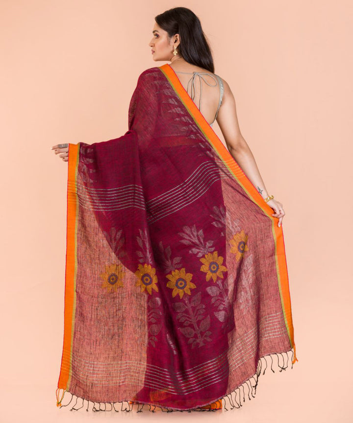 Maroon handloom bengal linen saree