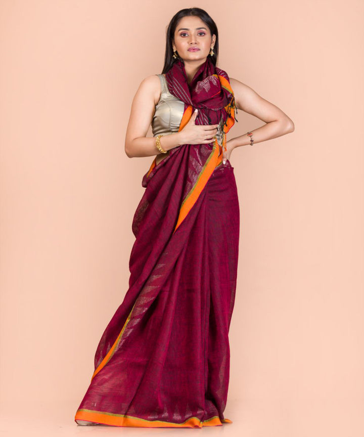 Maroon handloom bengal linen saree