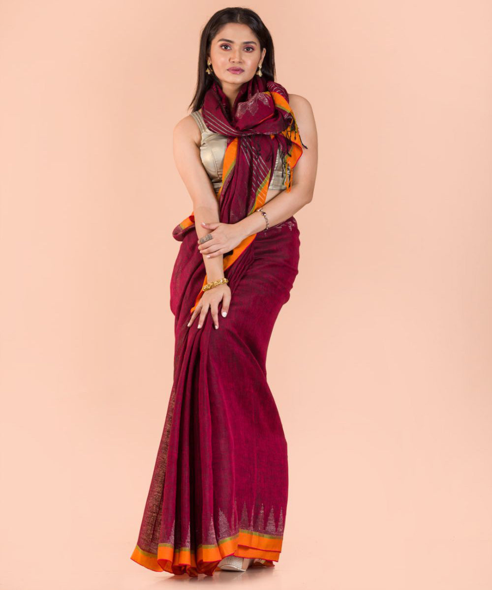 Maroon handloom bengal linen saree