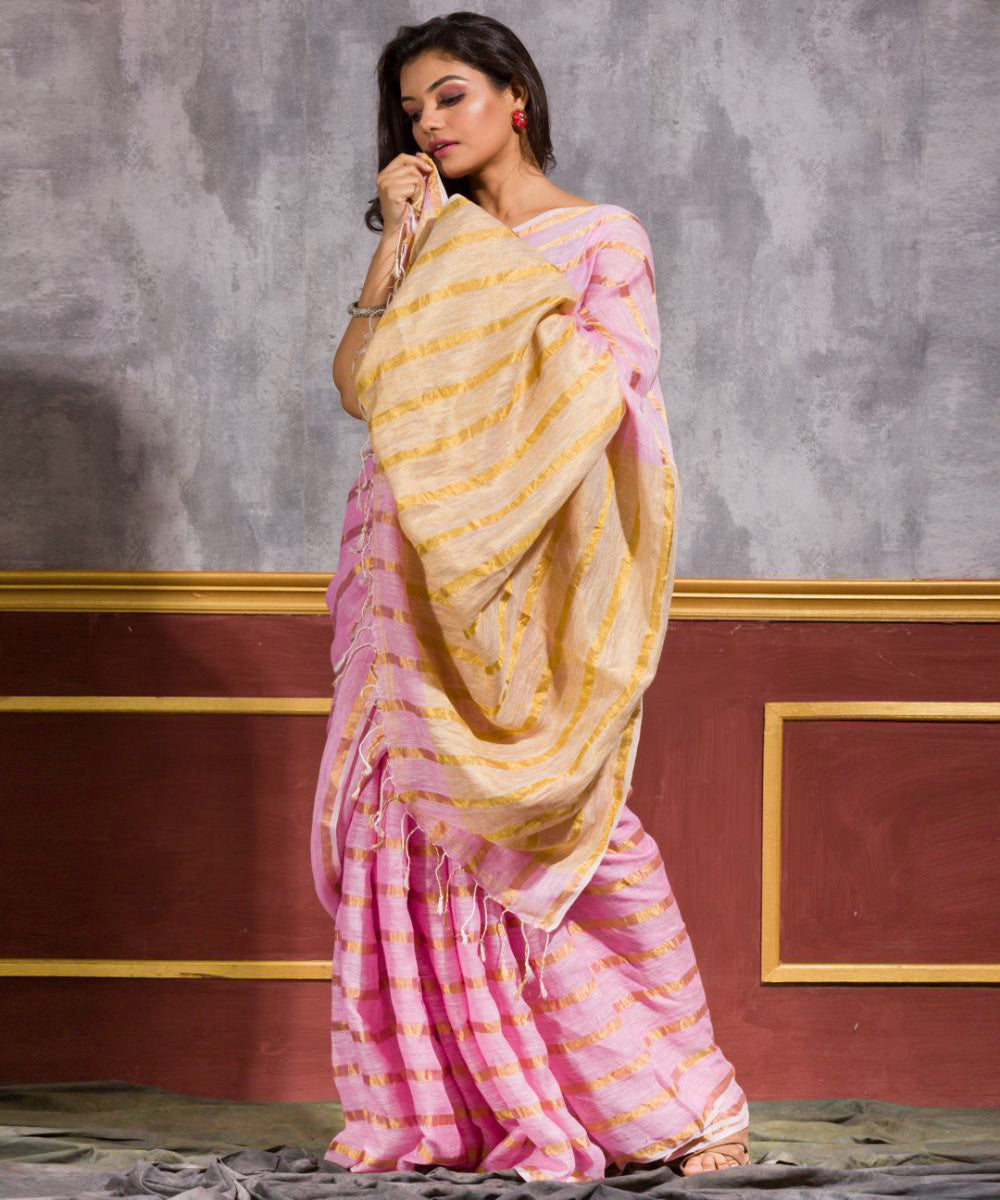 Pink hand loom linen bengal saree