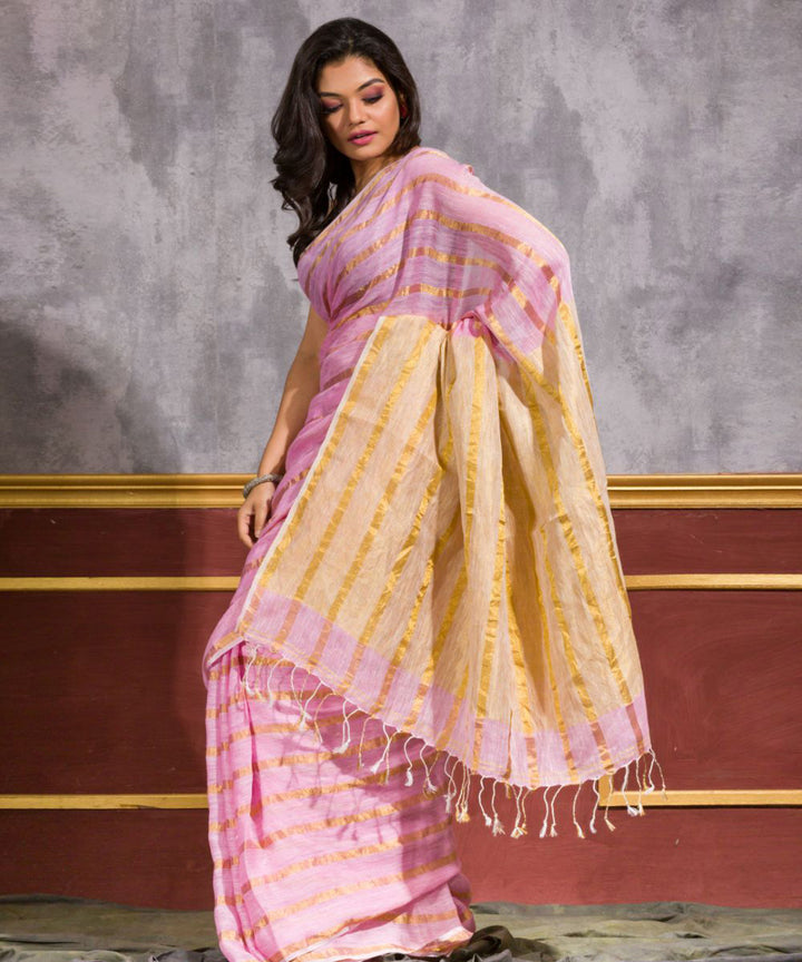 Pink hand loom linen bengal saree