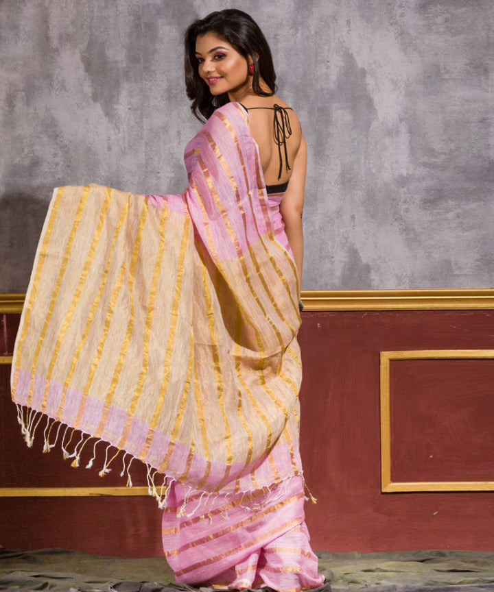 Pink hand loom linen bengal saree
