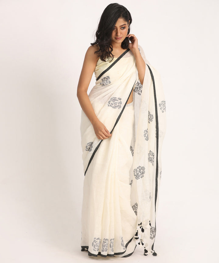 White black handloom bengal linen saree