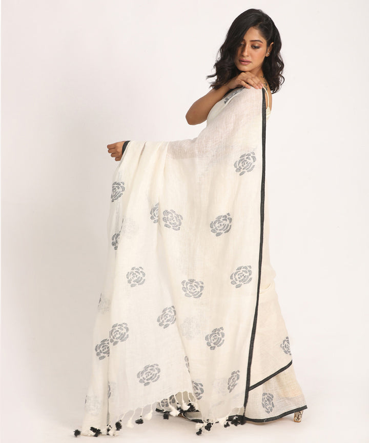 White black handloom bengal linen saree