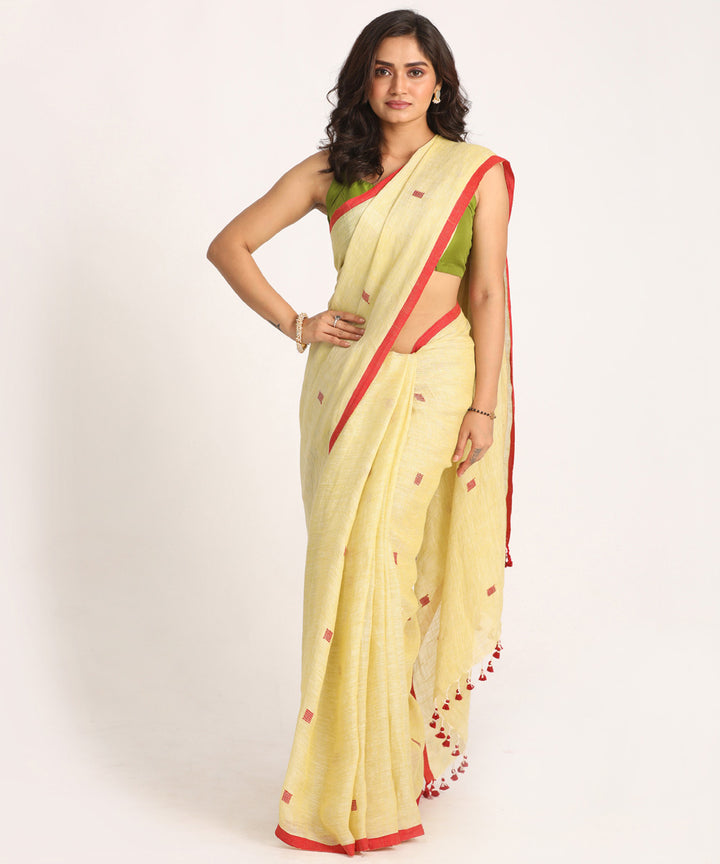 Lemon red hand loom bengal linen saree