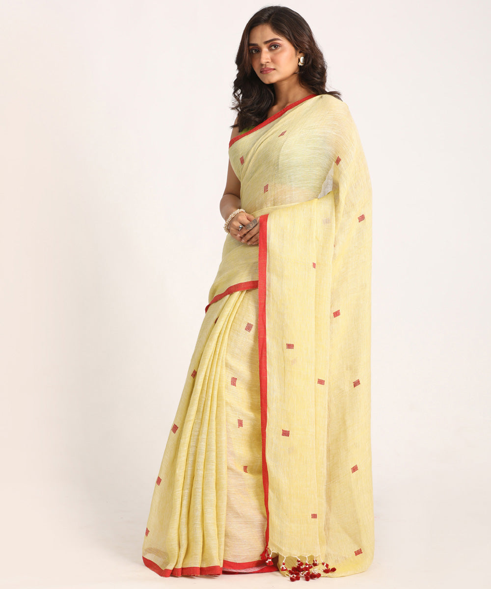 Lemon red hand loom bengal linen saree