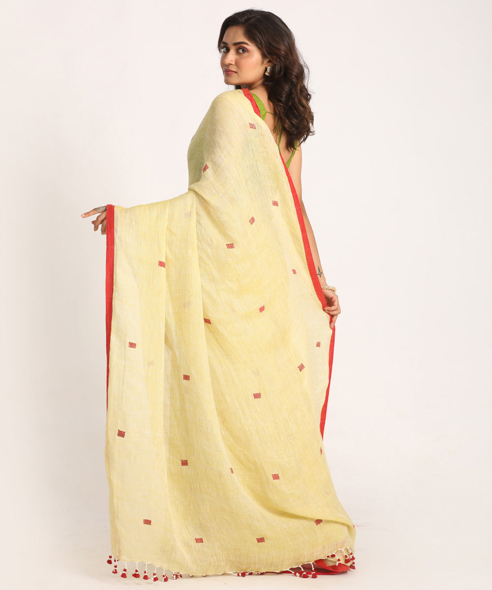Lemon red hand loom bengal linen saree