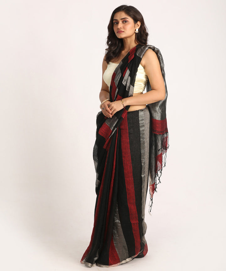 Black red bengal handloom linen saree