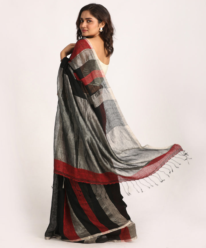 Black red bengal handloom linen saree