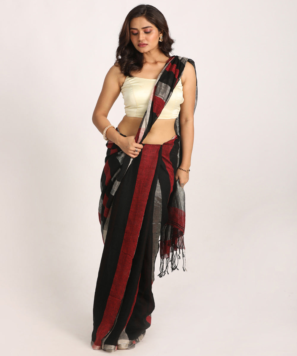 Black red bengal handloom linen saree