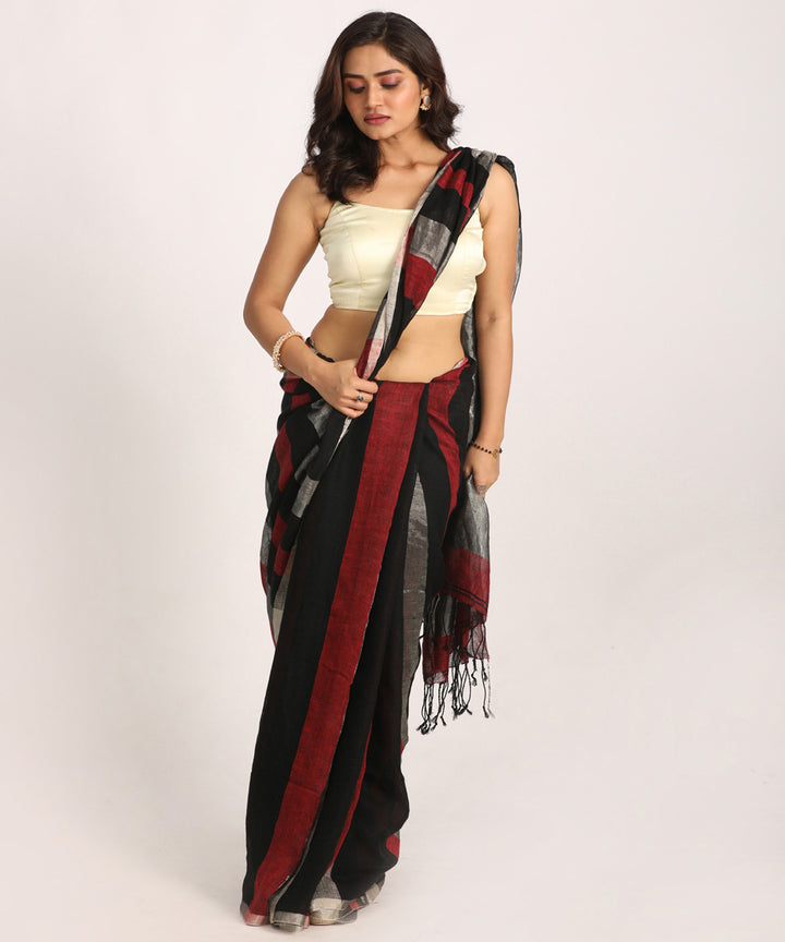 Black red bengal handloom linen saree
