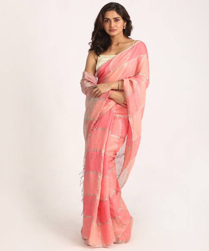 Pink bengal hand loom linen saree