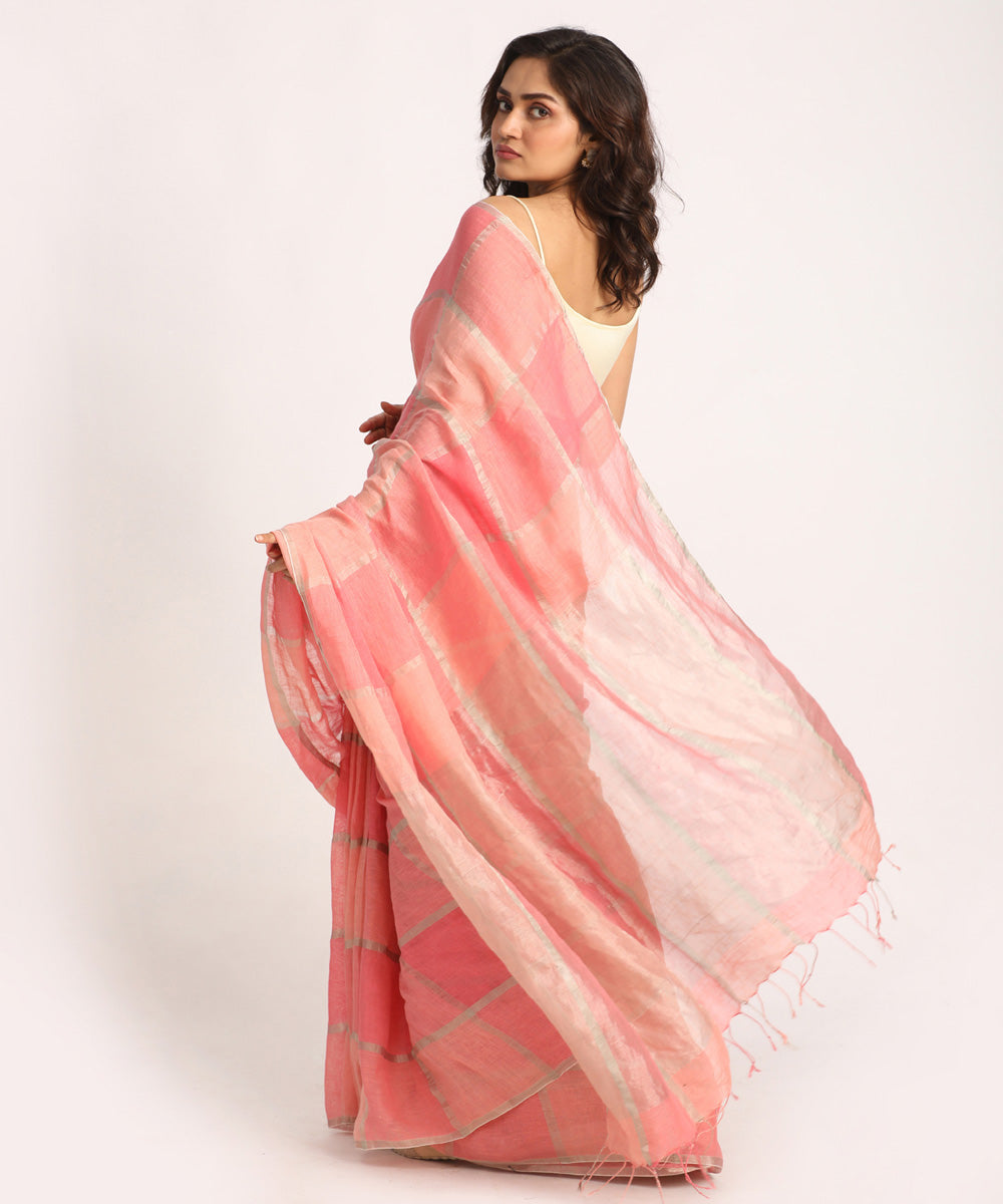 Pink bengal hand loom linen saree