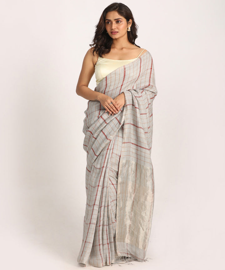 Grey striped handloom bengal linen saree