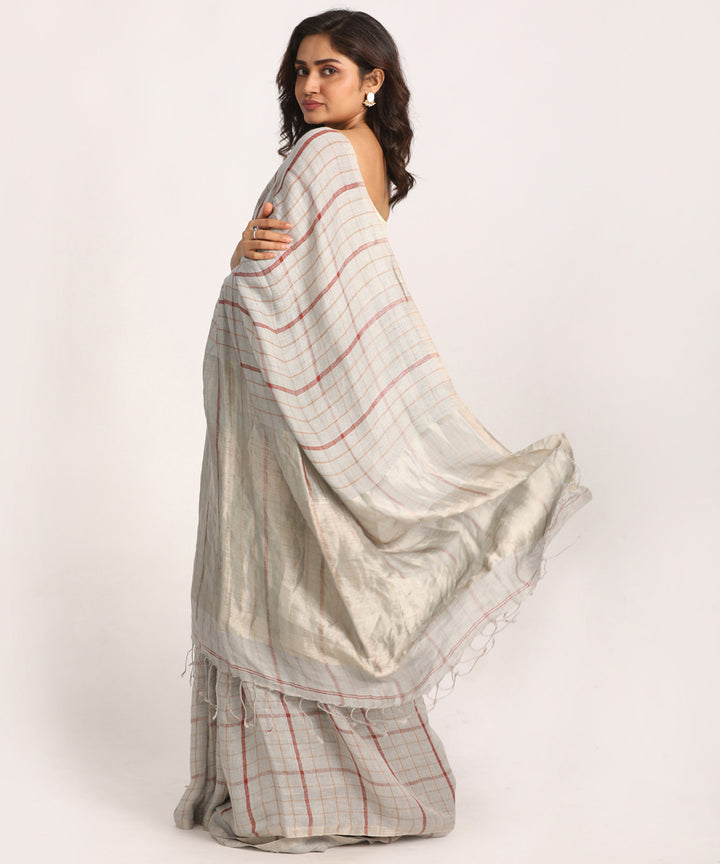 Grey striped handloom bengal linen saree