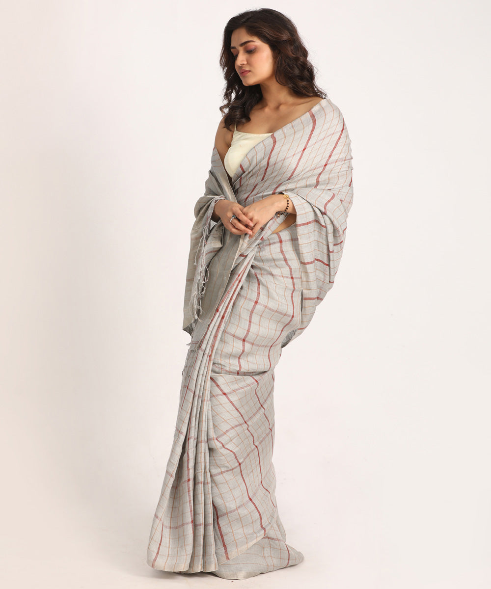 Grey striped handloom bengal linen saree