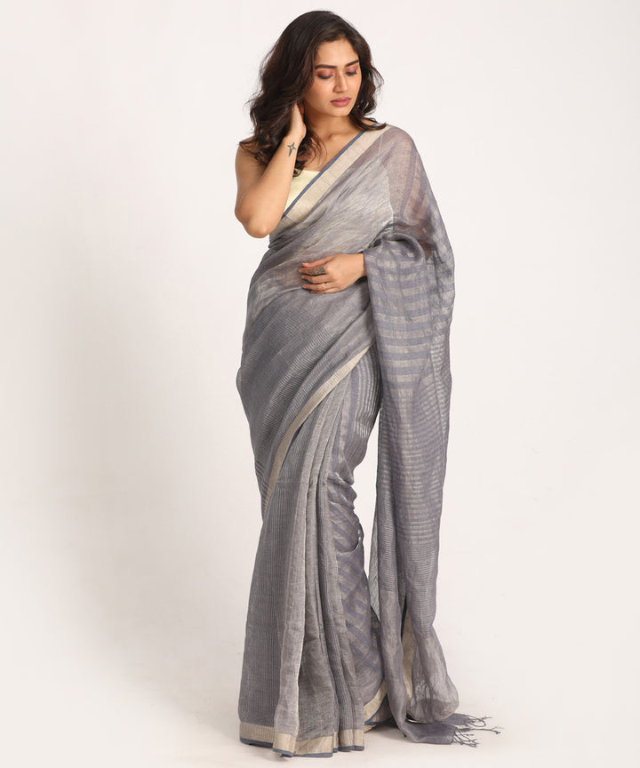 Grey handloom linen bengal saree