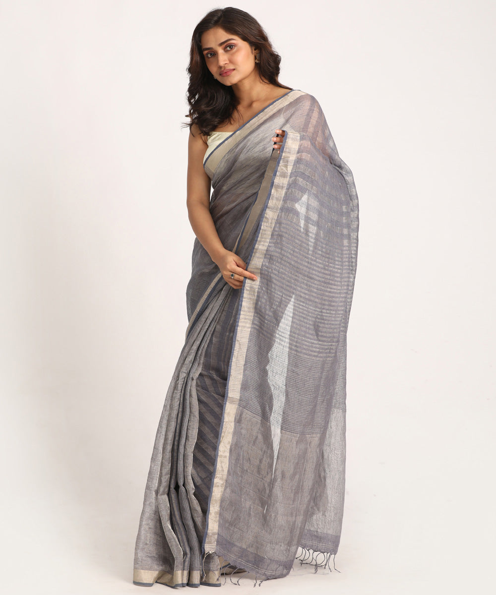 Grey handloom linen bengal saree