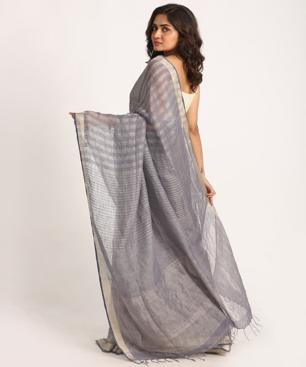 Grey handloom linen bengal saree
