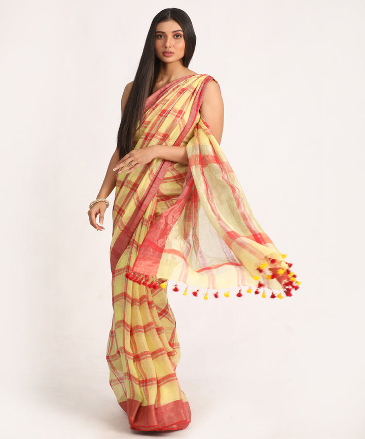 Lemon red handloom bengal linen saree