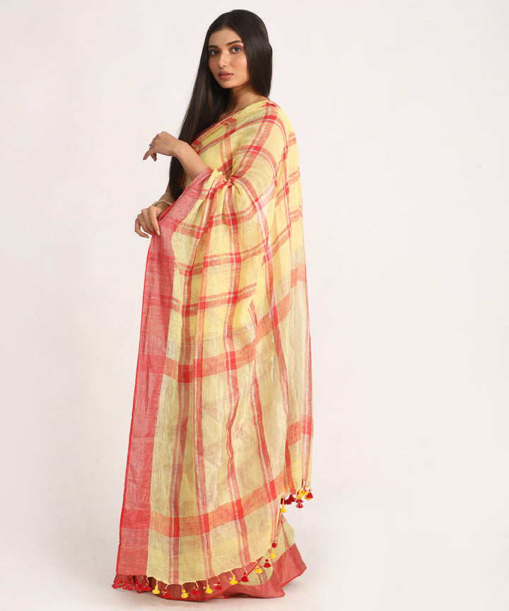 Lemon red handloom bengal linen saree