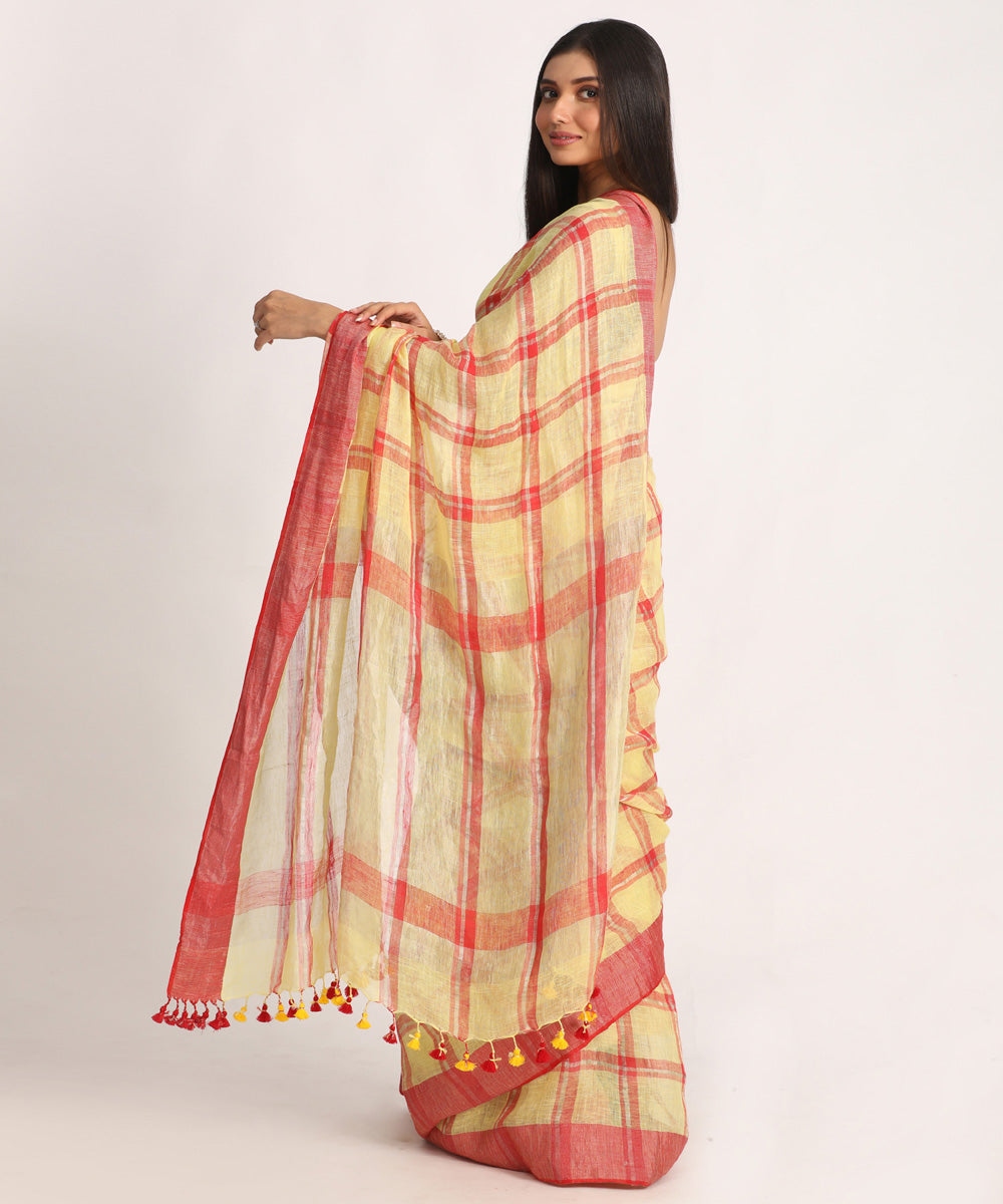 Lemon red handloom bengal linen saree