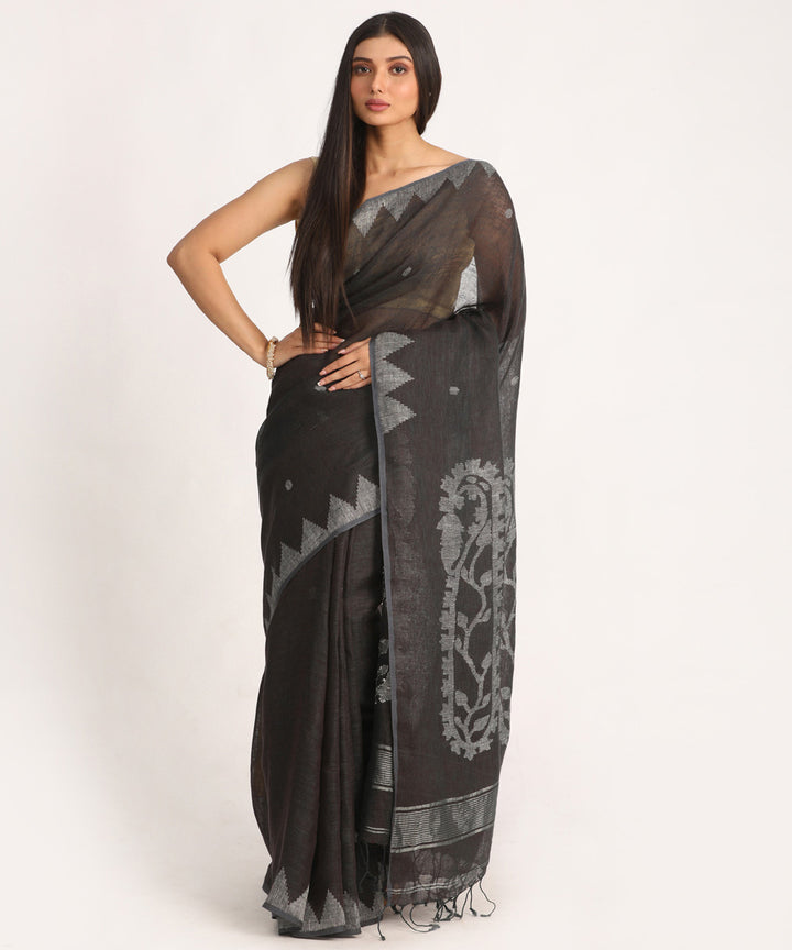Dark grey handloom bengal linen saree