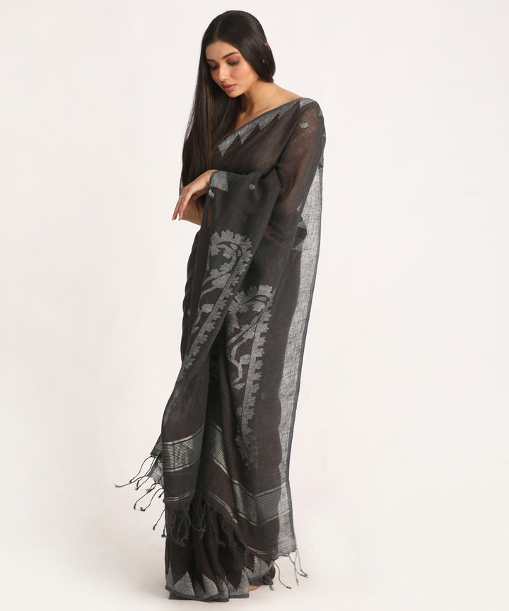 Dark grey handloom bengal linen saree