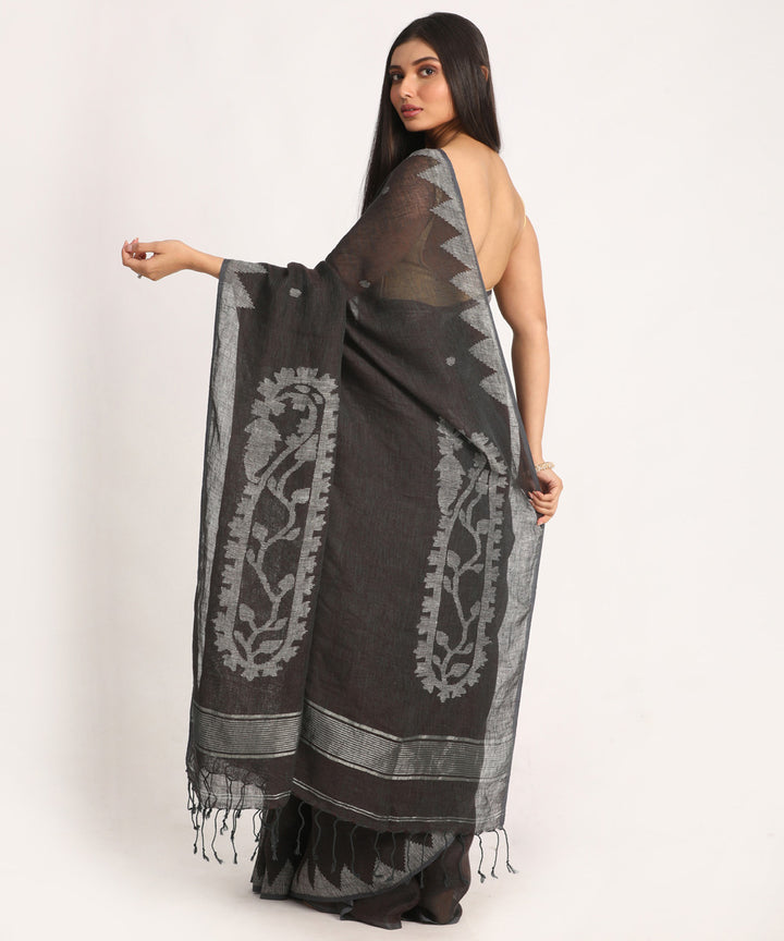 Dark grey handloom bengal linen saree