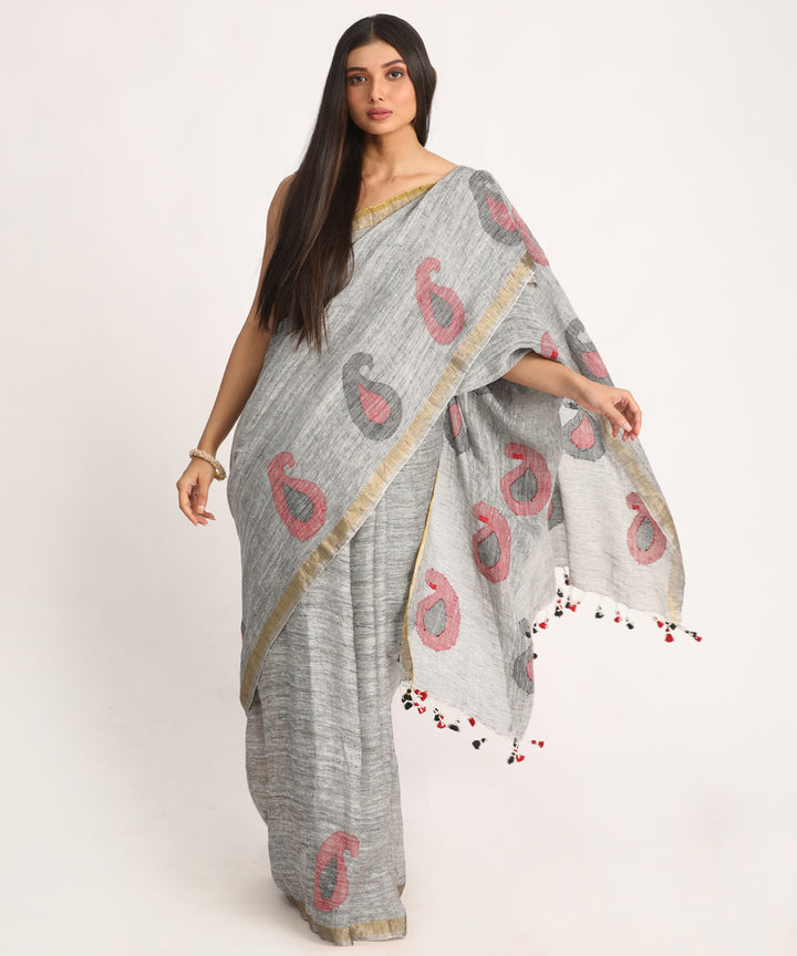 Grey kalka design handloom bengal linen saree