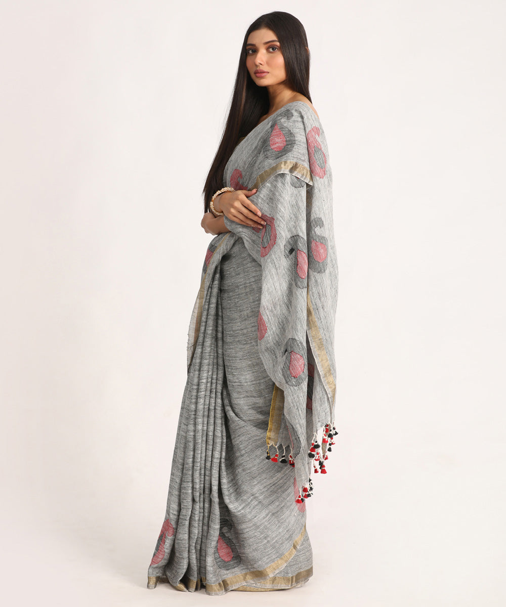 Grey kalka design handloom bengal linen saree