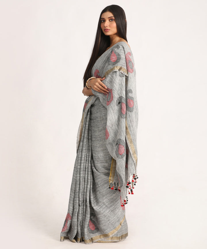 Grey kalka design handloom bengal linen saree