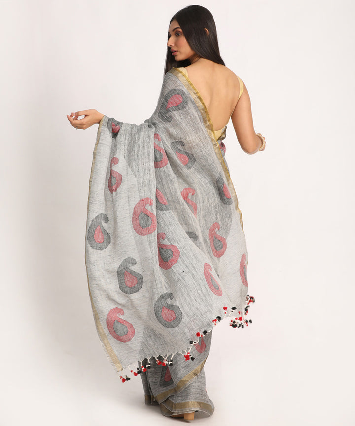 Grey kalka design handloom bengal linen saree