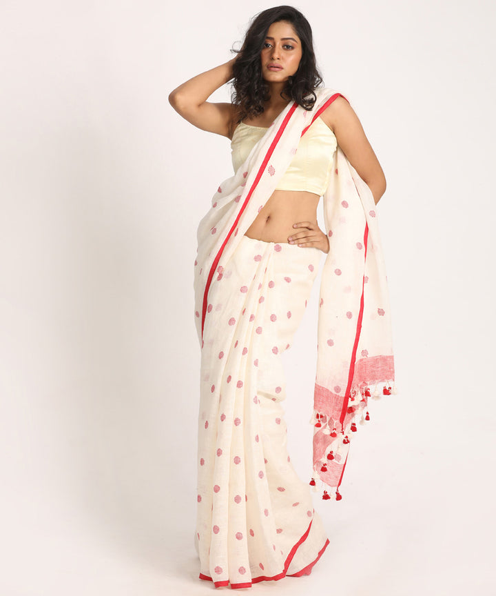 Offwhite red handloom bengal linen saree