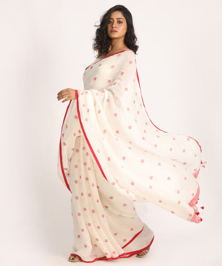 Offwhite red handloom bengal linen saree