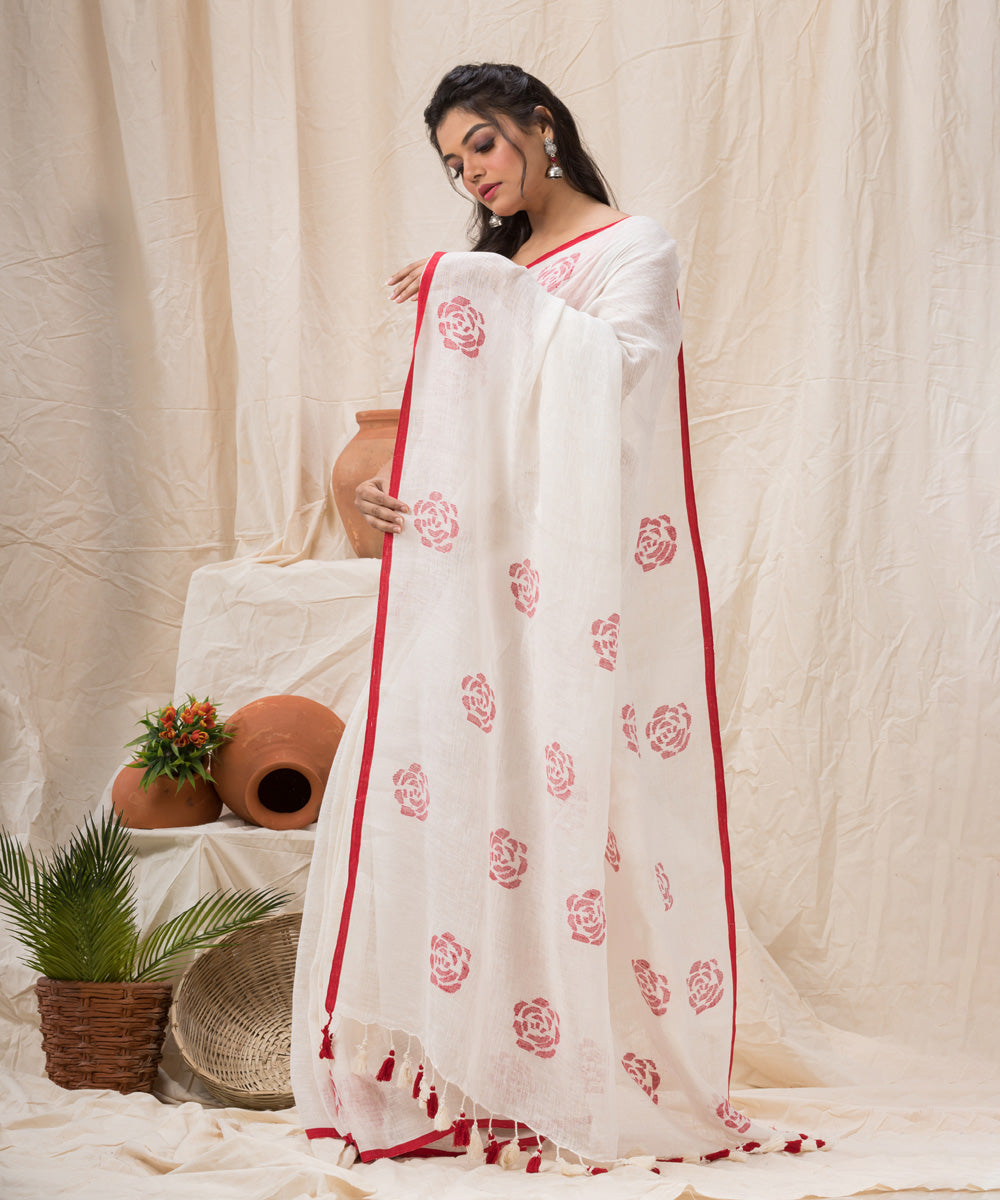 Offwhite red handloom linen bengal saree