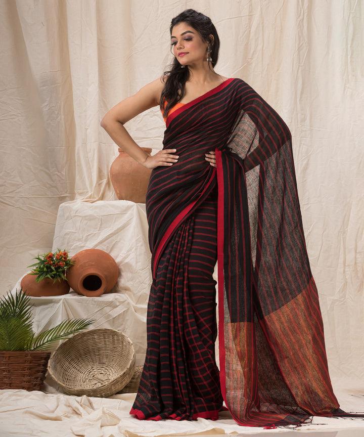 Black red handloom bengal linen saree
