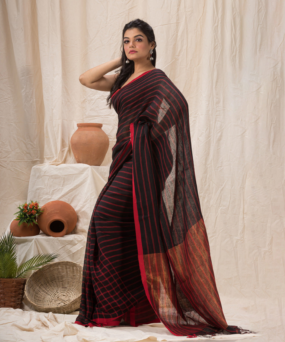 Black red handloom bengal linen saree