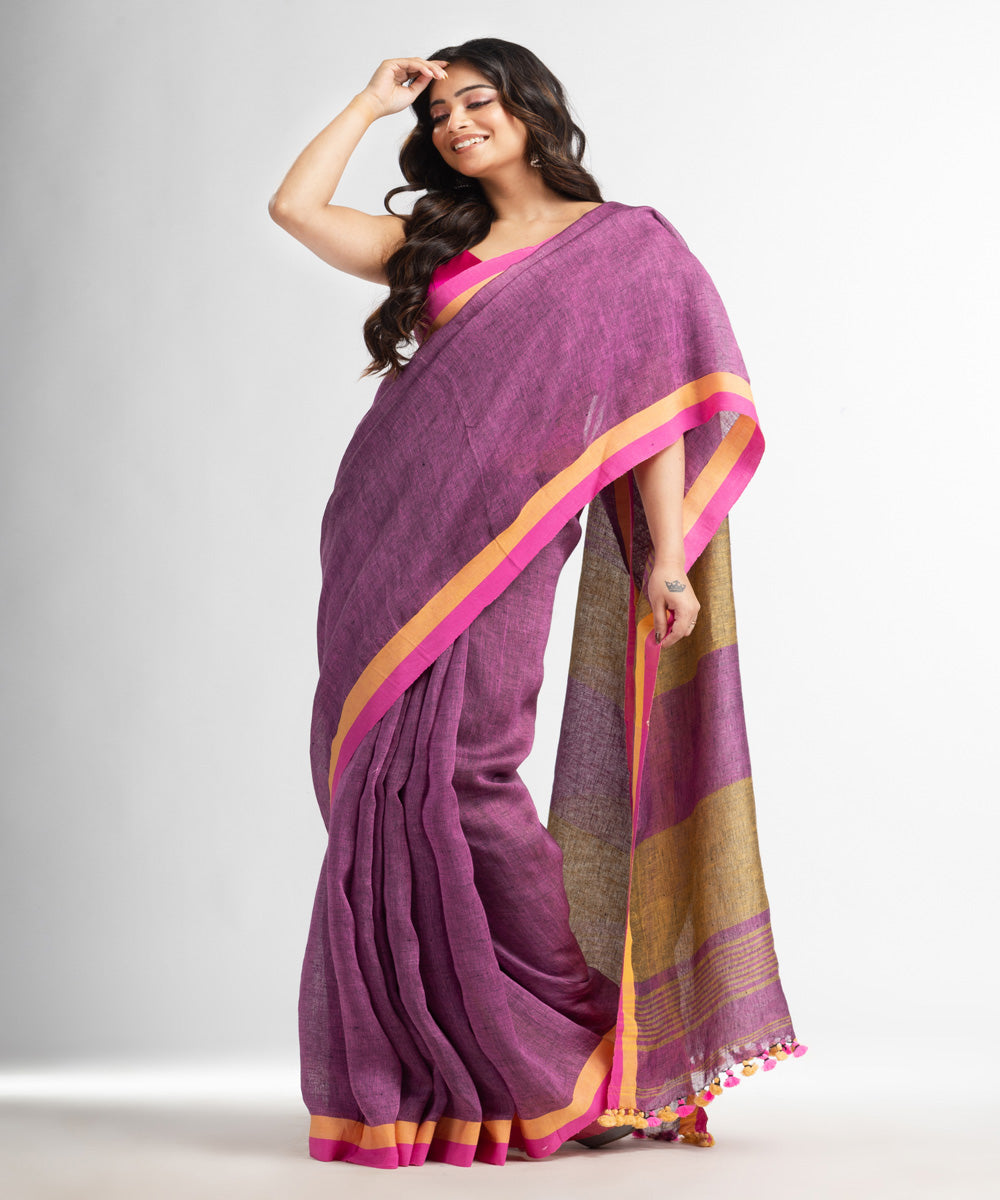 Purple pink handloom bengal linen saree