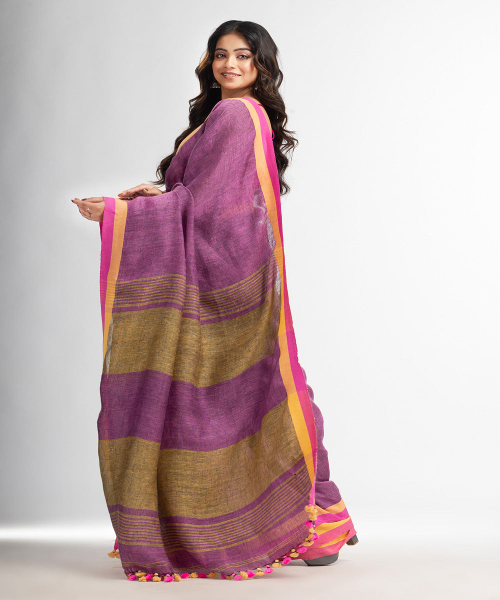 Purple pink handloom bengal linen saree