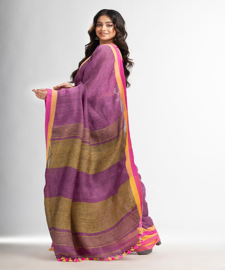 Purple pink handloom bengal linen saree