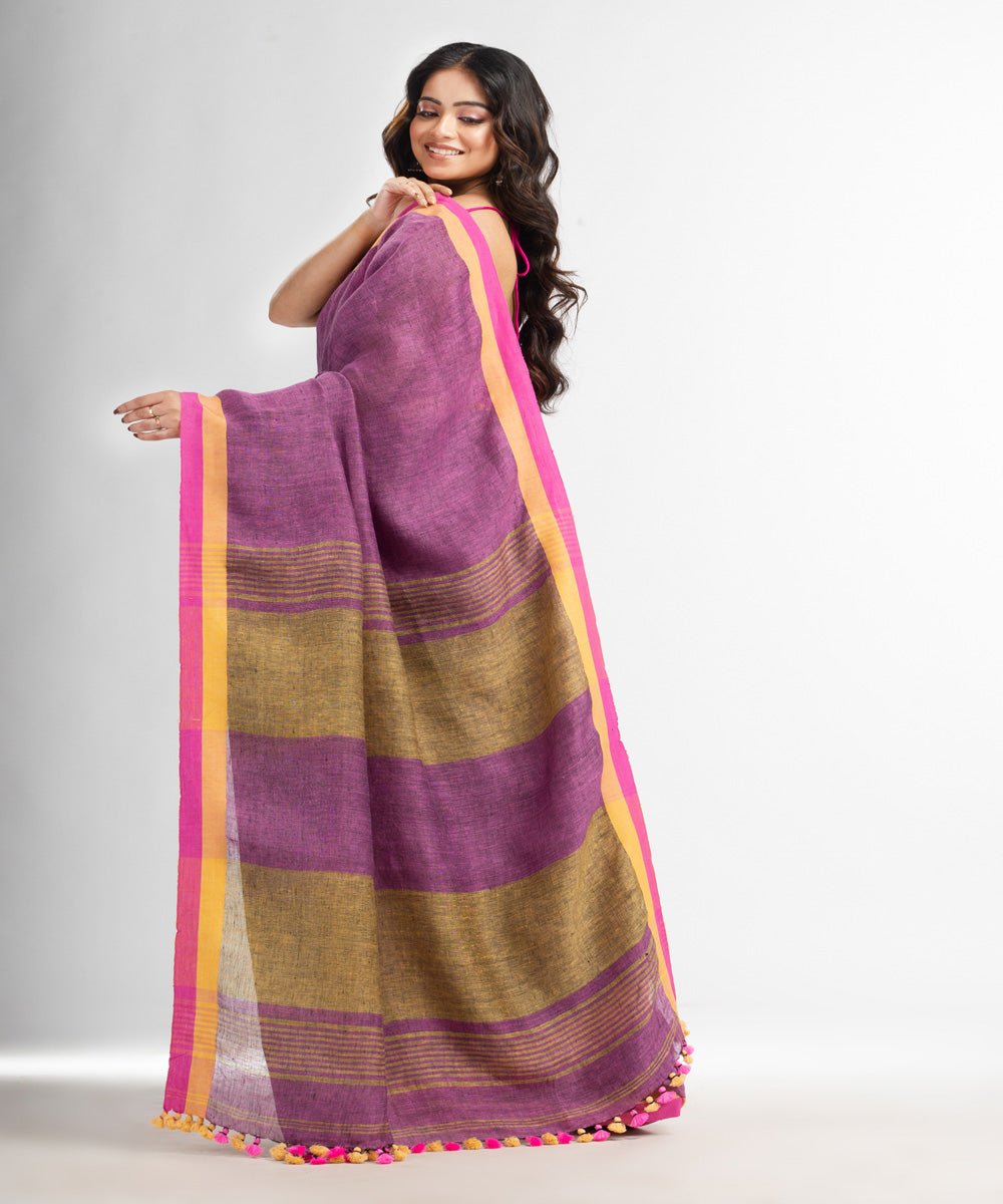 Purple pink handloom bengal linen saree