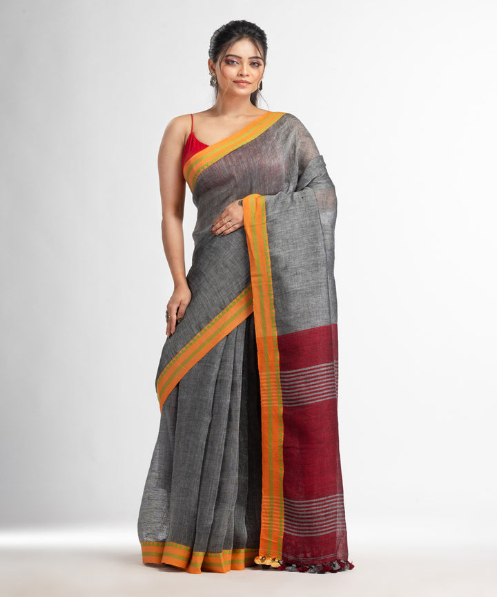 Grey red bengal hand loom linen saree