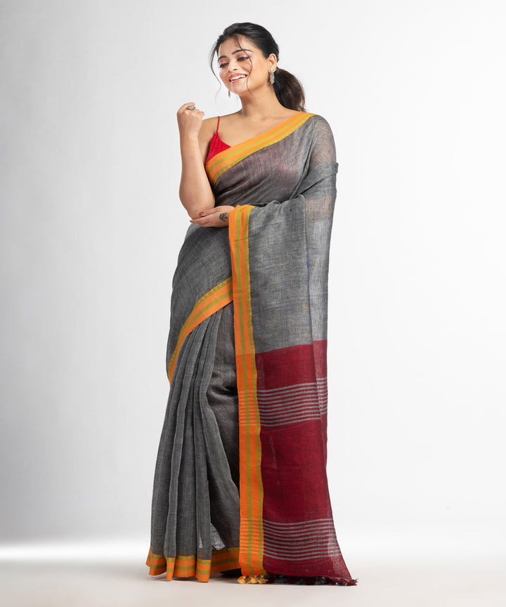 Grey red bengal hand loom linen saree