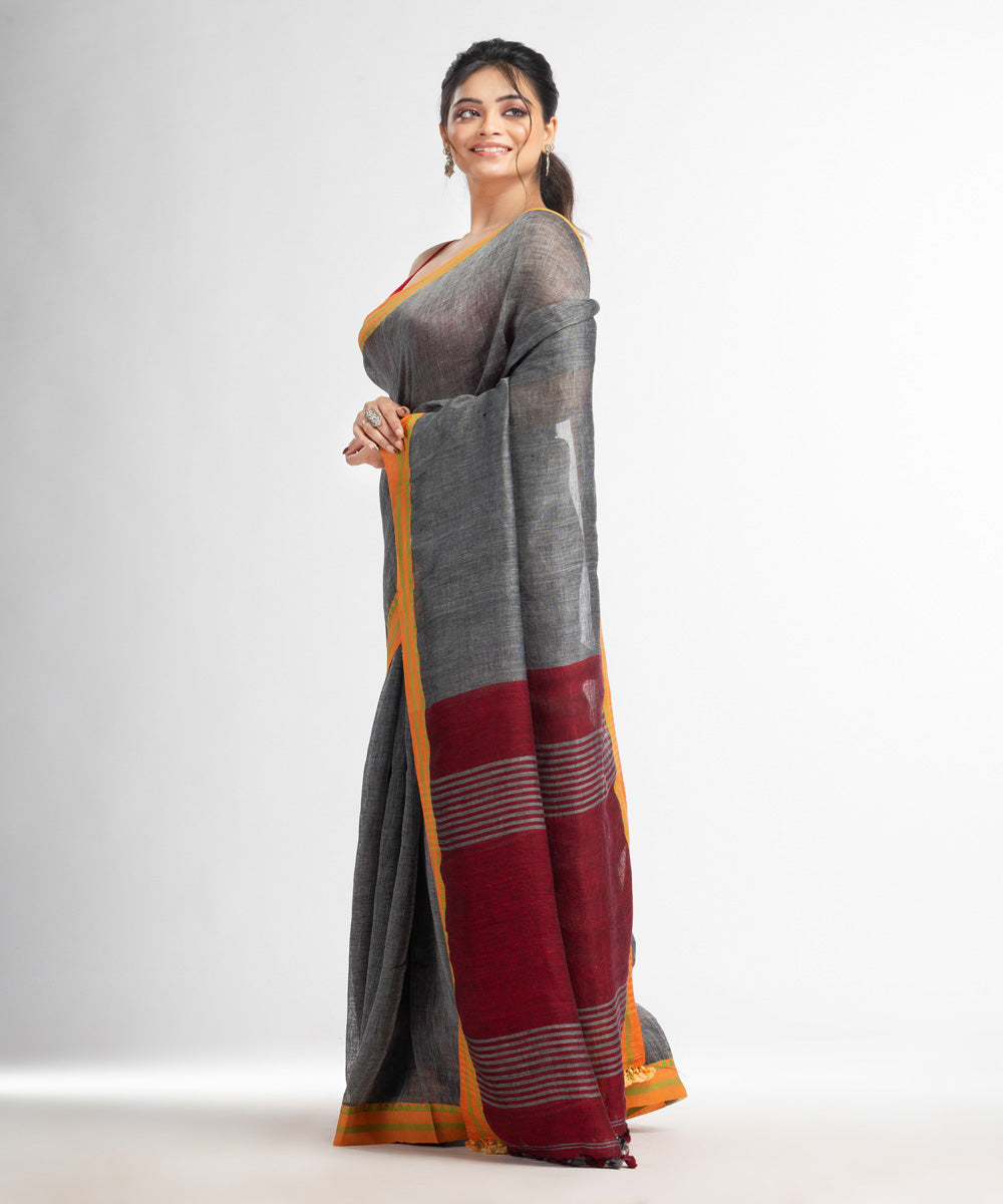 Grey red bengal hand loom linen saree