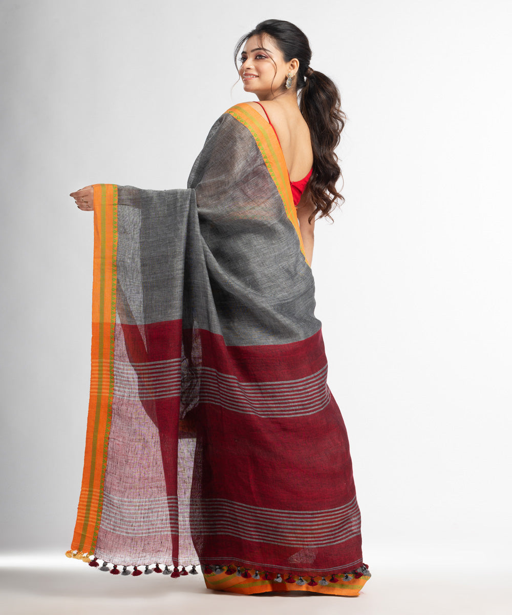 Grey red bengal hand loom linen saree