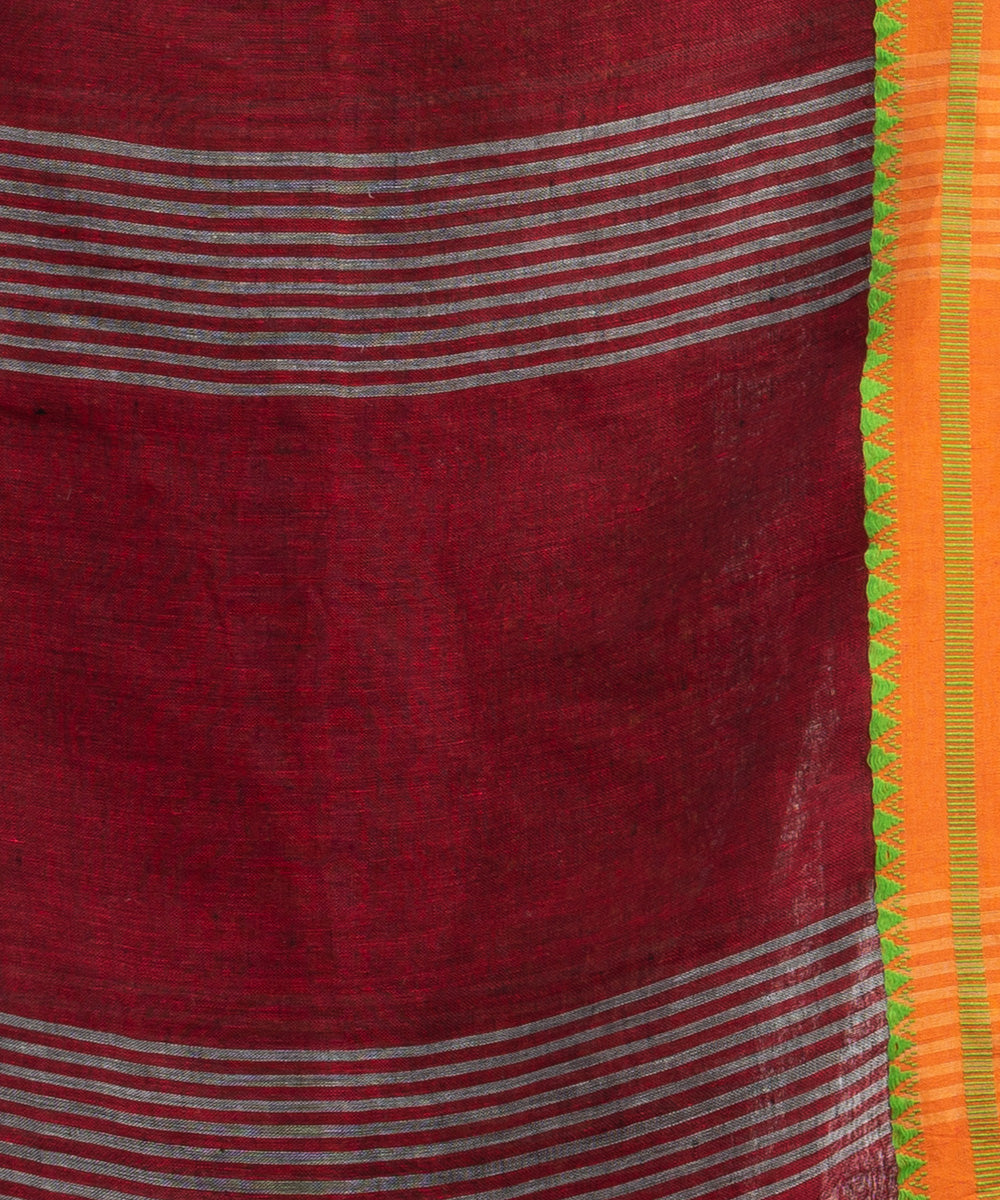 Grey red bengal hand loom linen saree
